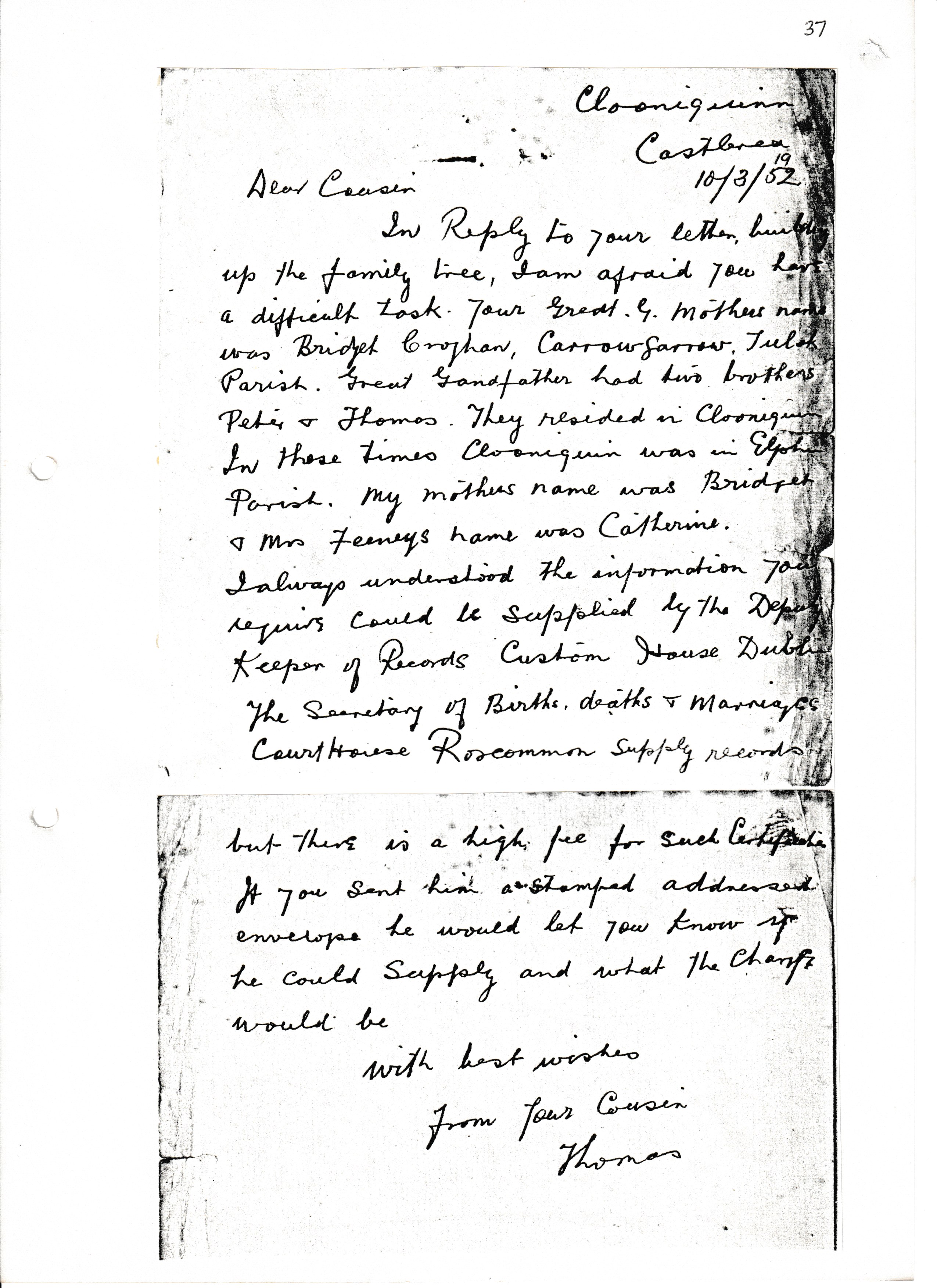 Correspondence with Tom Devanny 19520310