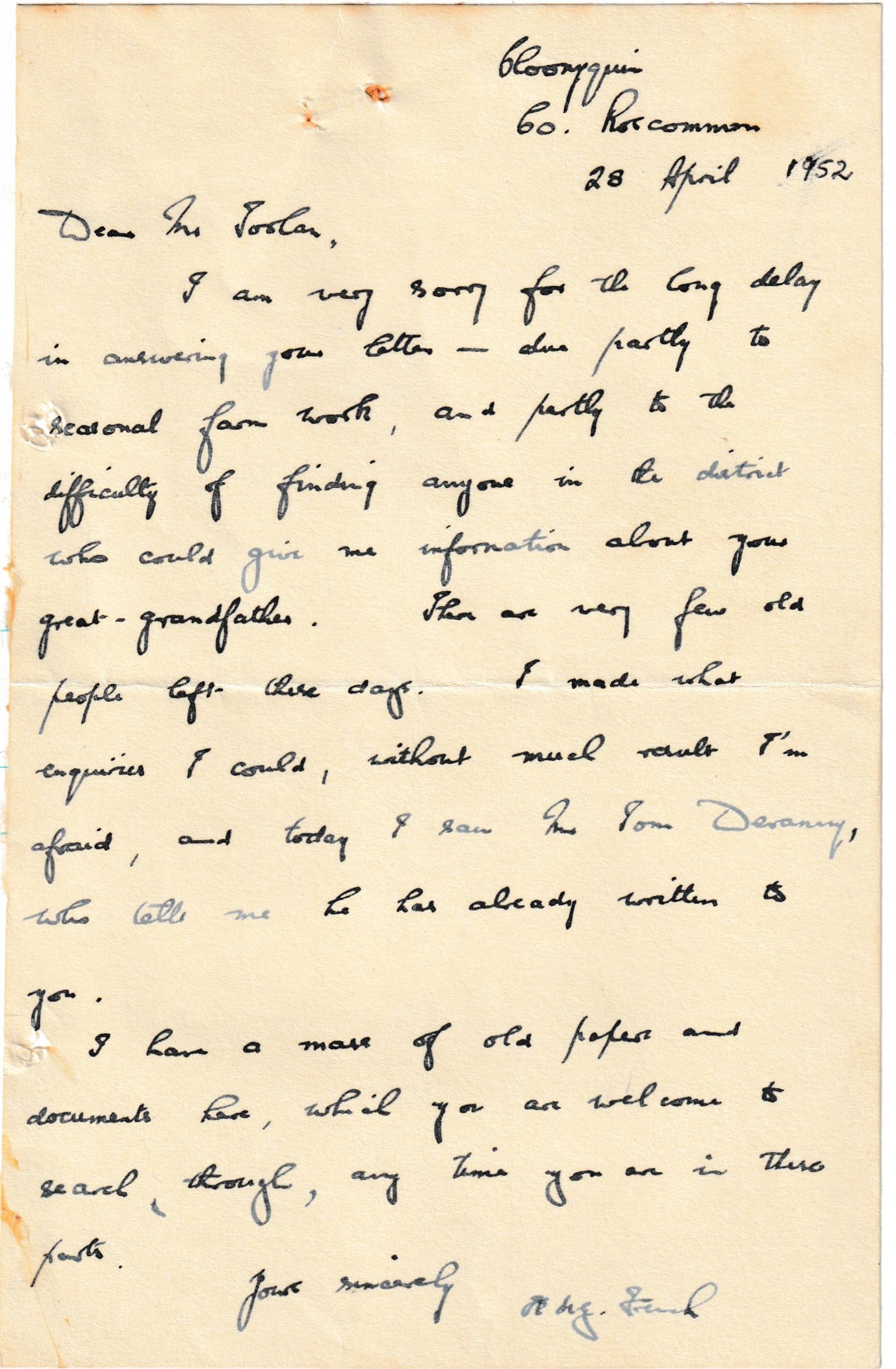 Devolution of title of Cloonyquin farm - letter from Major French, 1952