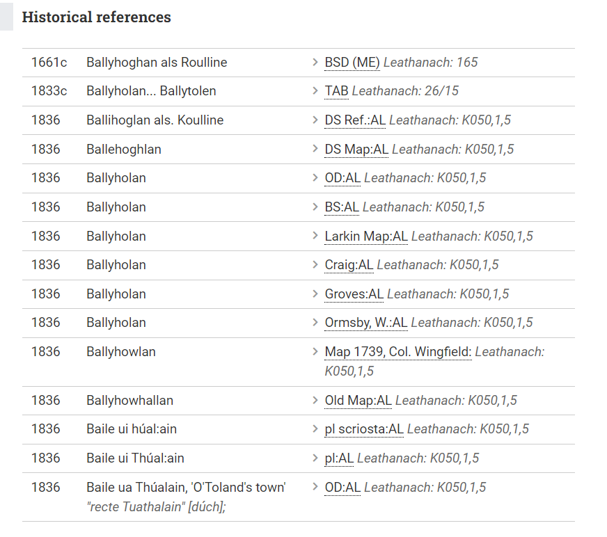 Baile Uí Thuathaláin Historical References logainm.ie Screenshot 20240811