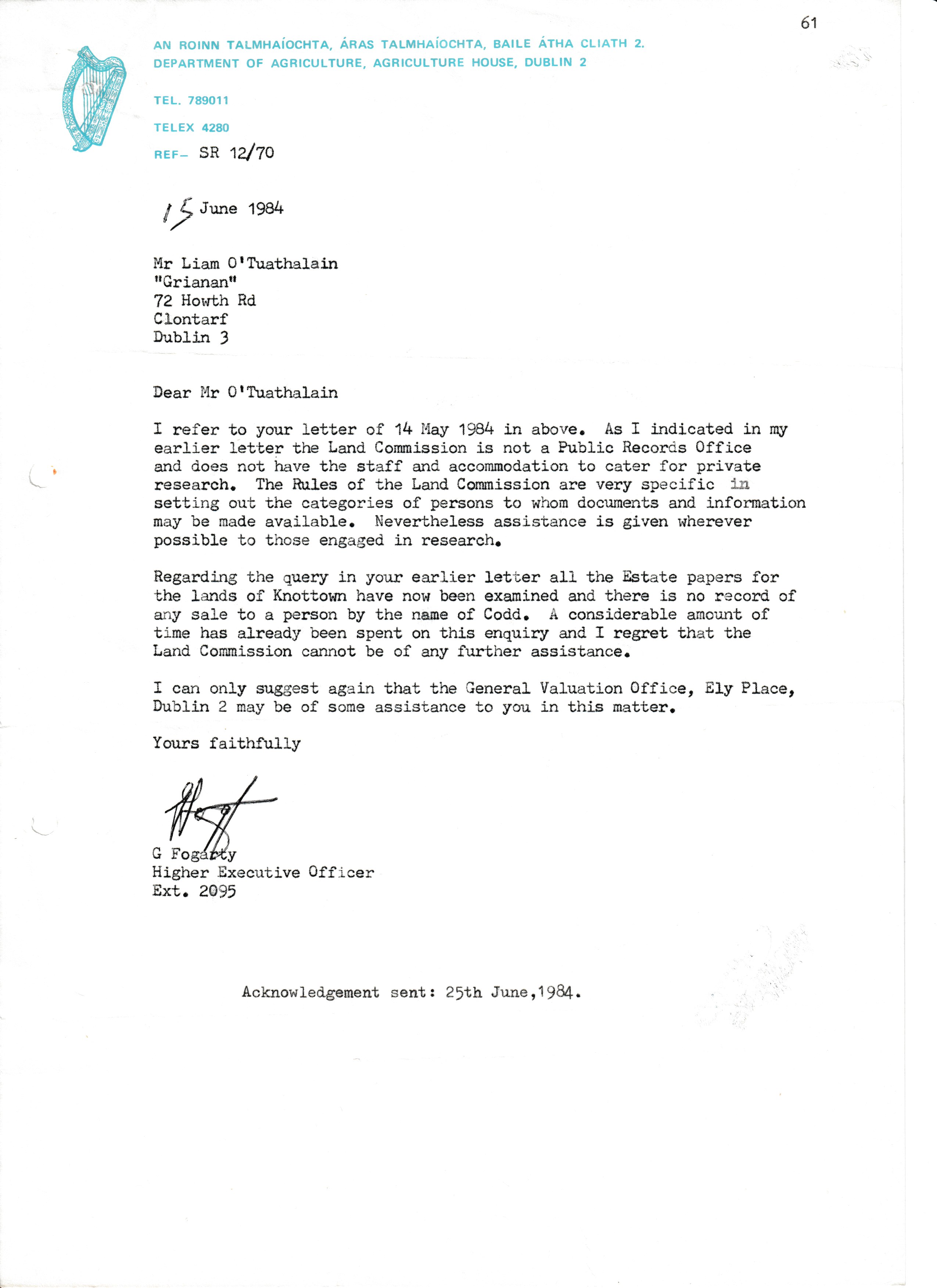 Department of Agriculture Letter re Lands at Knottown