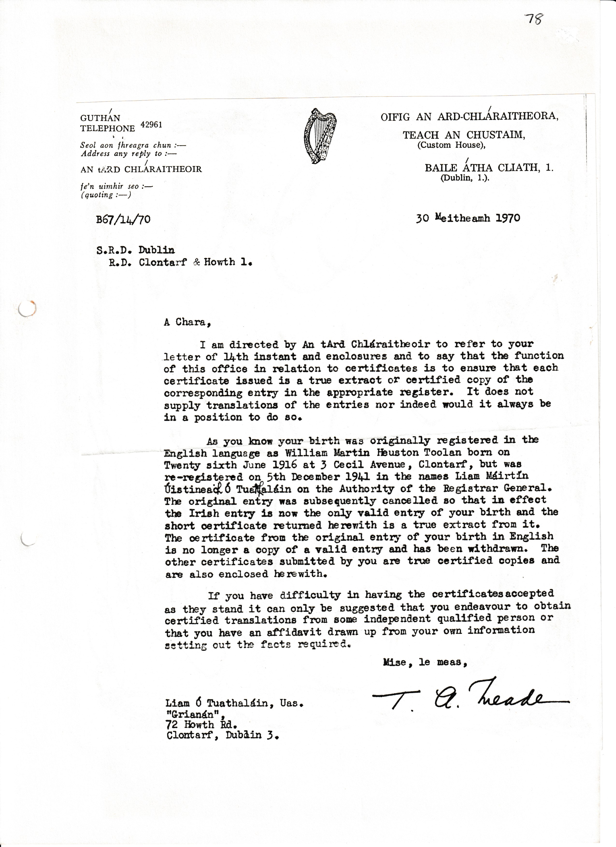 Correspondence re William Martin Heuston Toolan