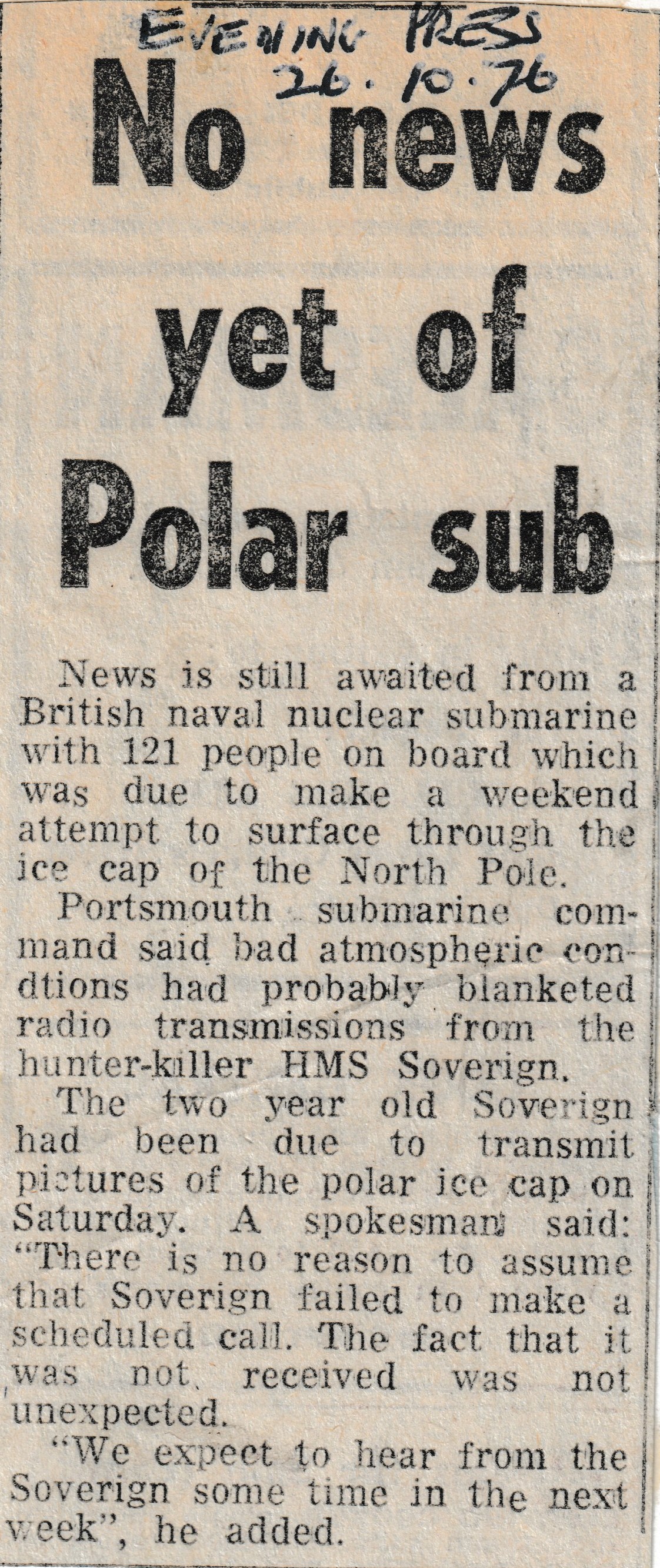 No news yet of Polar sub - Evening Press 26-10-1976