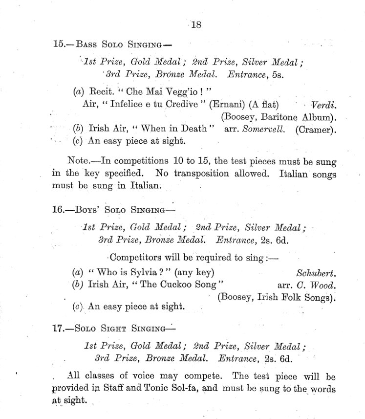 Feis Ceoil 1901 Syllabus Boys Solo Singing