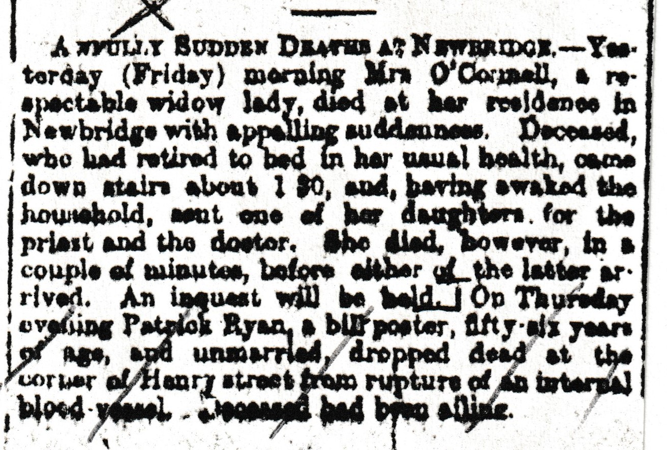 Death of Mrs. Mary Connell of Newbridge Extract from "Freeman's Journal" of 14th June 1884