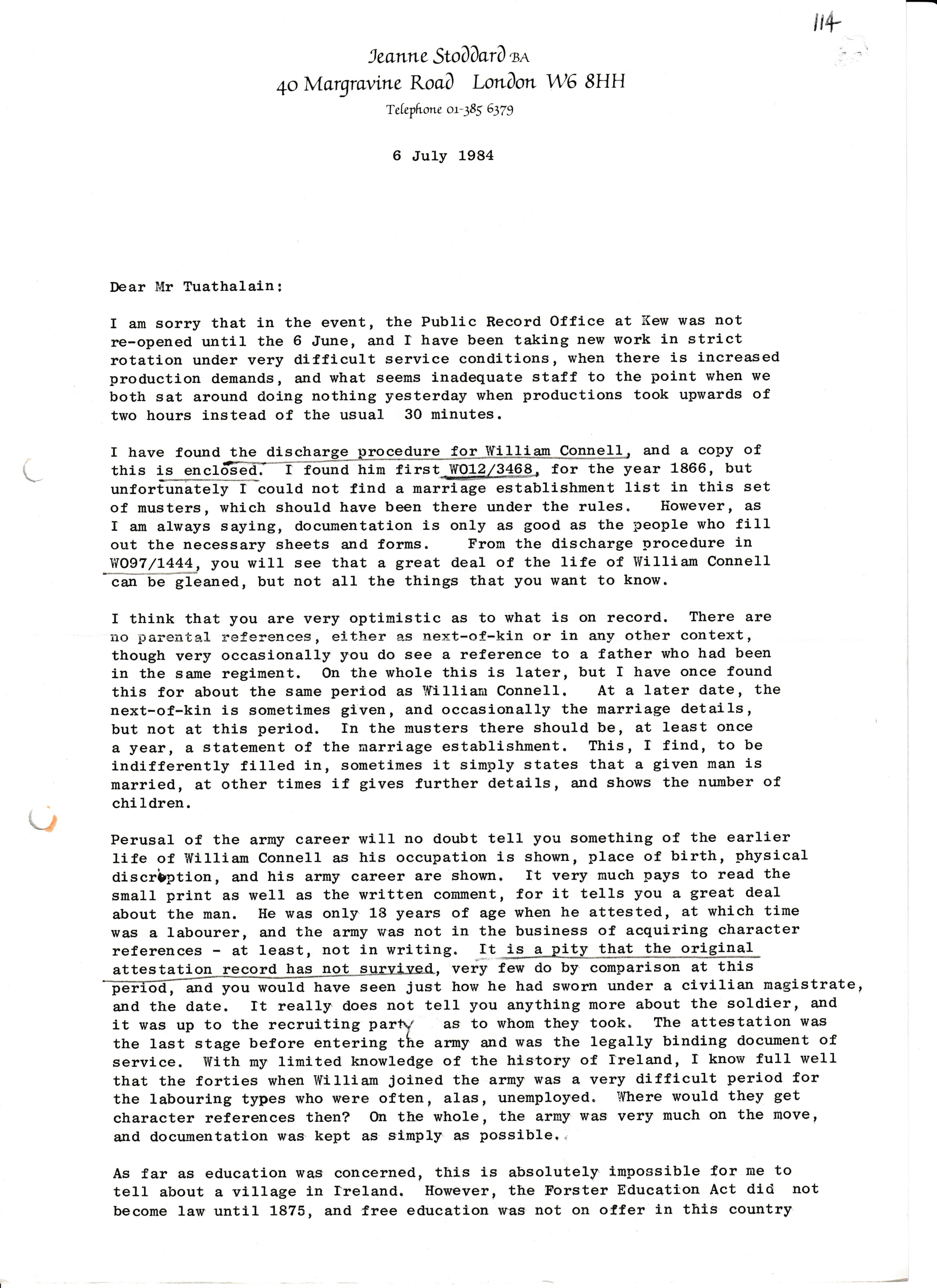 Correspondence with Jeanne Stoddard re William O'Connell, 6th July 1984