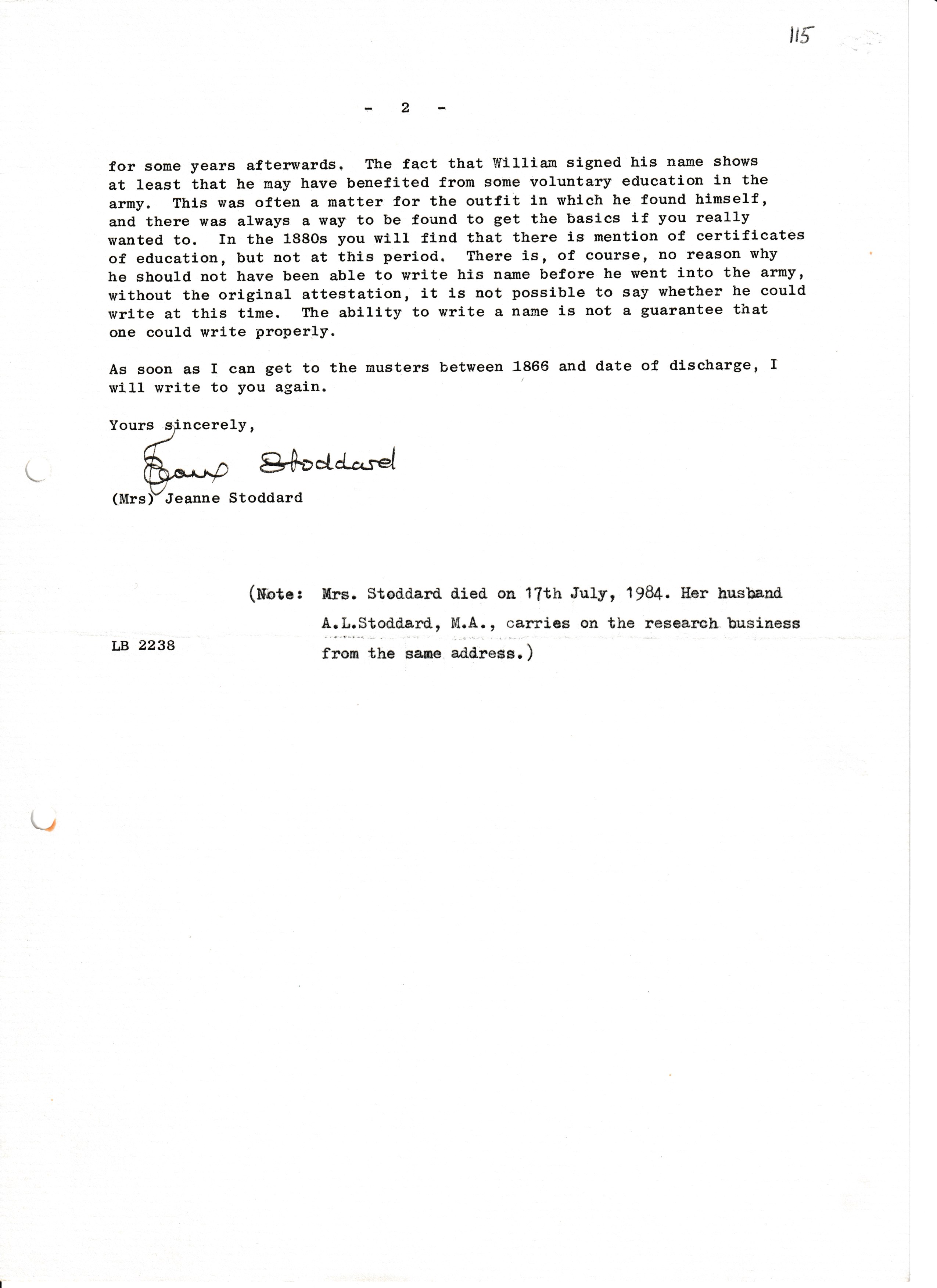 Correspondence with Jeanne Stoddard re William O'Connell, 6th July 1984