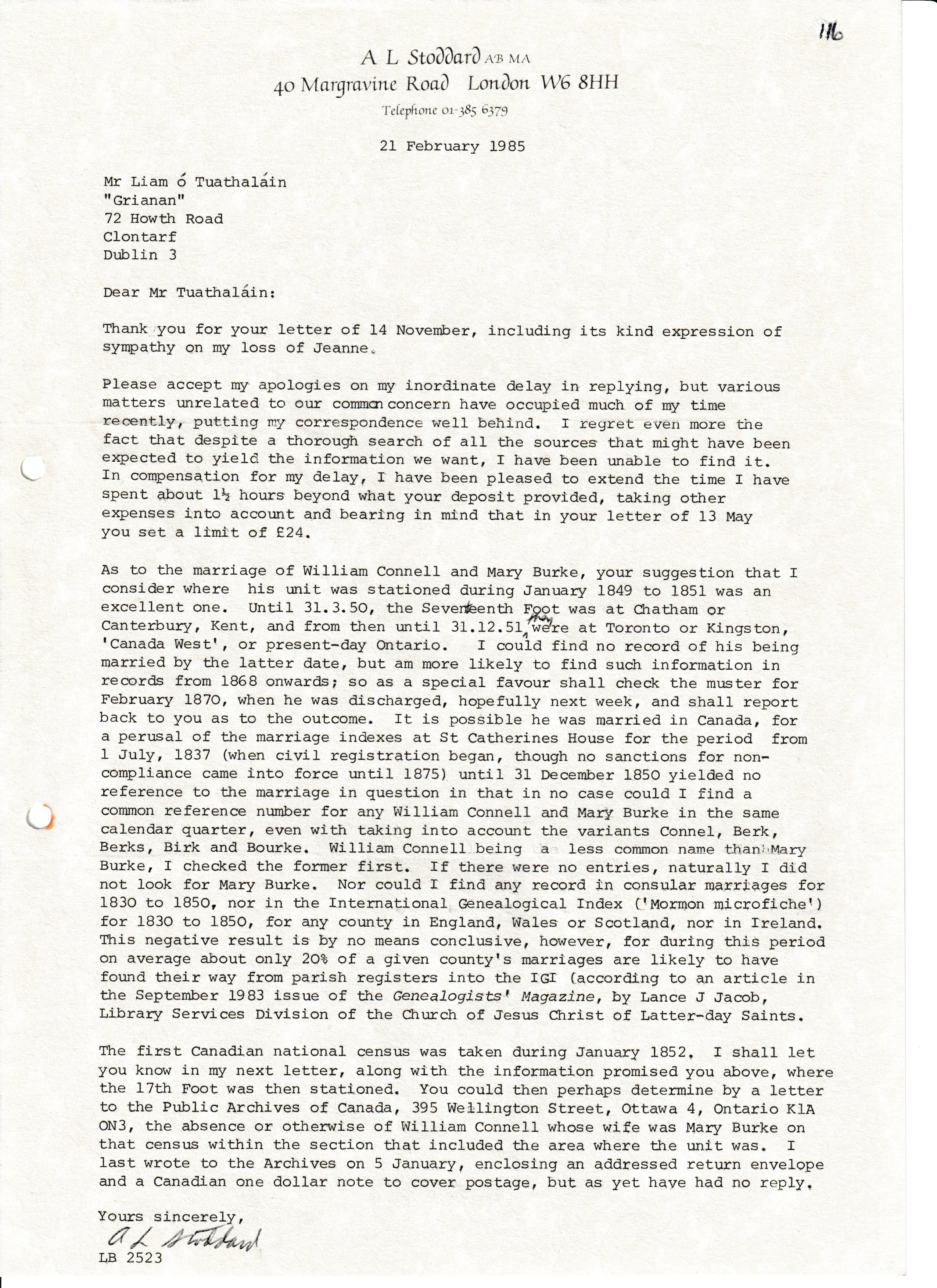 Correspondence with Alton Stoddard re William O'Connell -1, 21st February1984