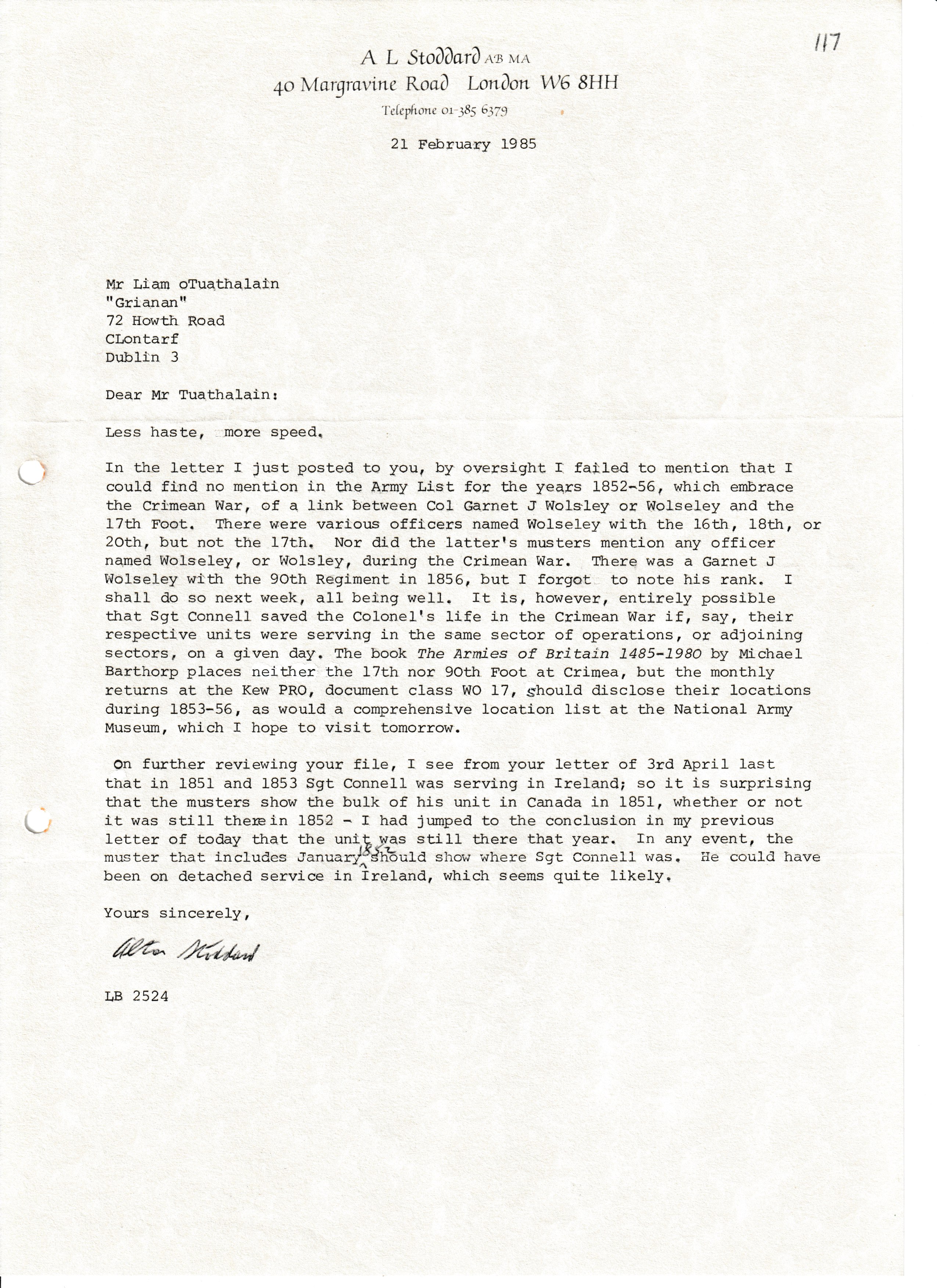 Correspondence with Alton Stoddard re William O'Connell -2, 21st February1984