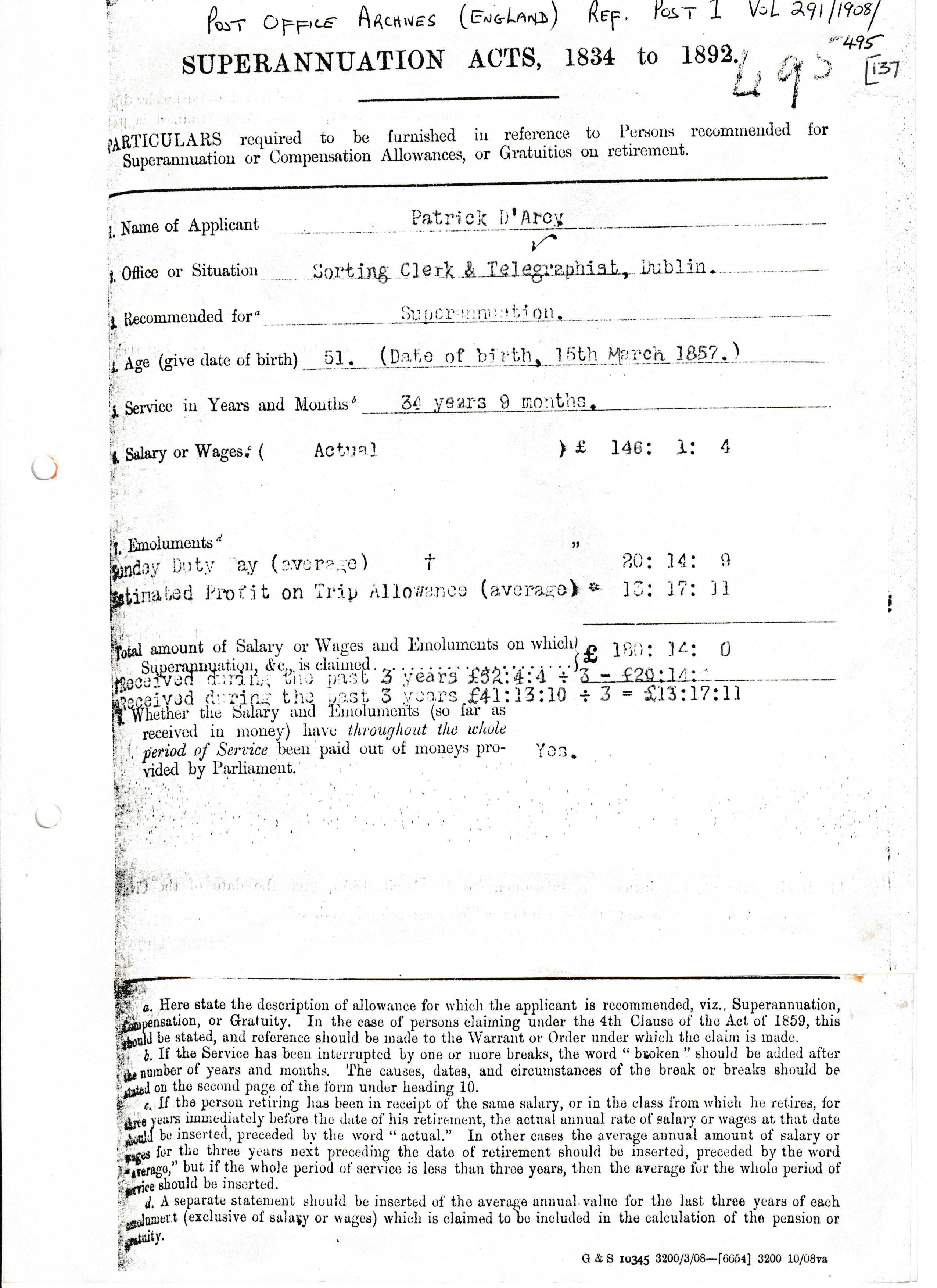 Post Office Archives, London. Ref: Post 1 / Vol. 291 / 1908 / 495. Letter of 13-4-1984 page 1