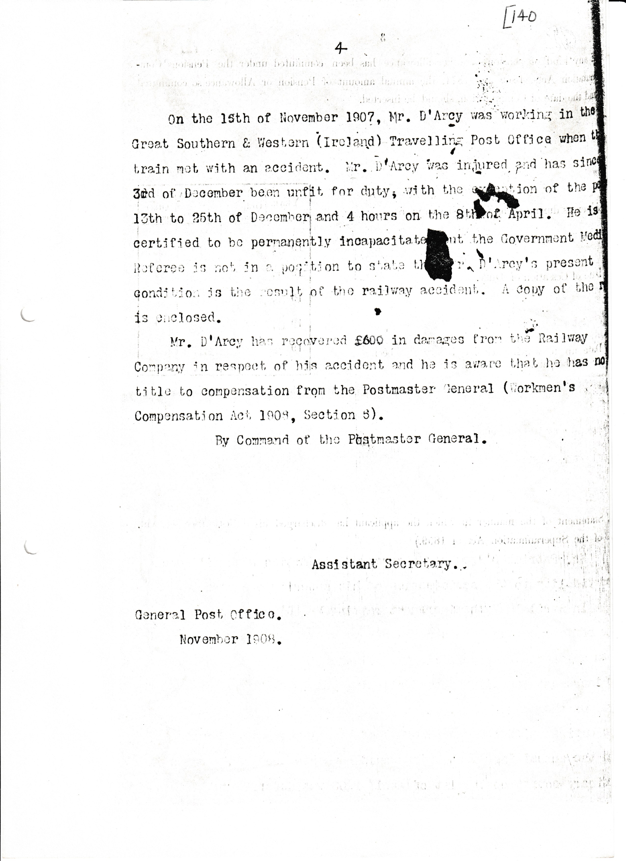 Post Office Archives, London. Ref: Post 1 / Vol. 291 / 1908 / 495. Letter of 13-4-1984 page 4