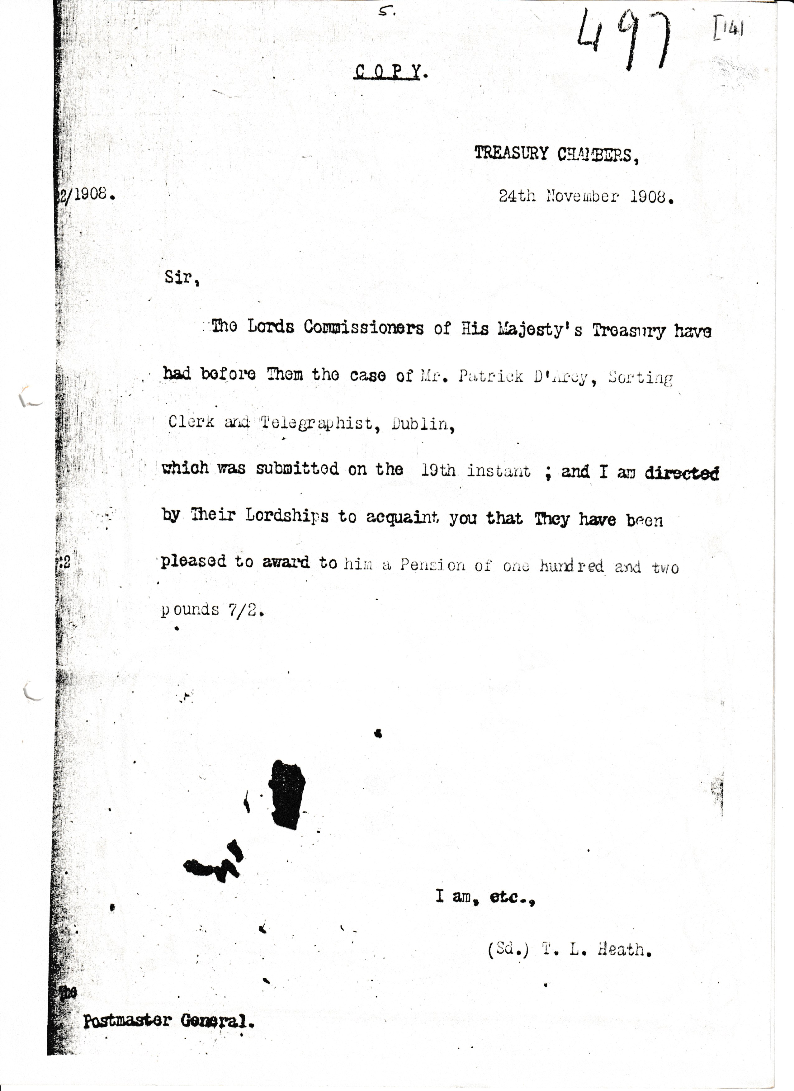 Post Office Archives, London. Ref: Post 1 / Vol. 291 / 1908 / 495. Letter of 13-4-1984 page 5